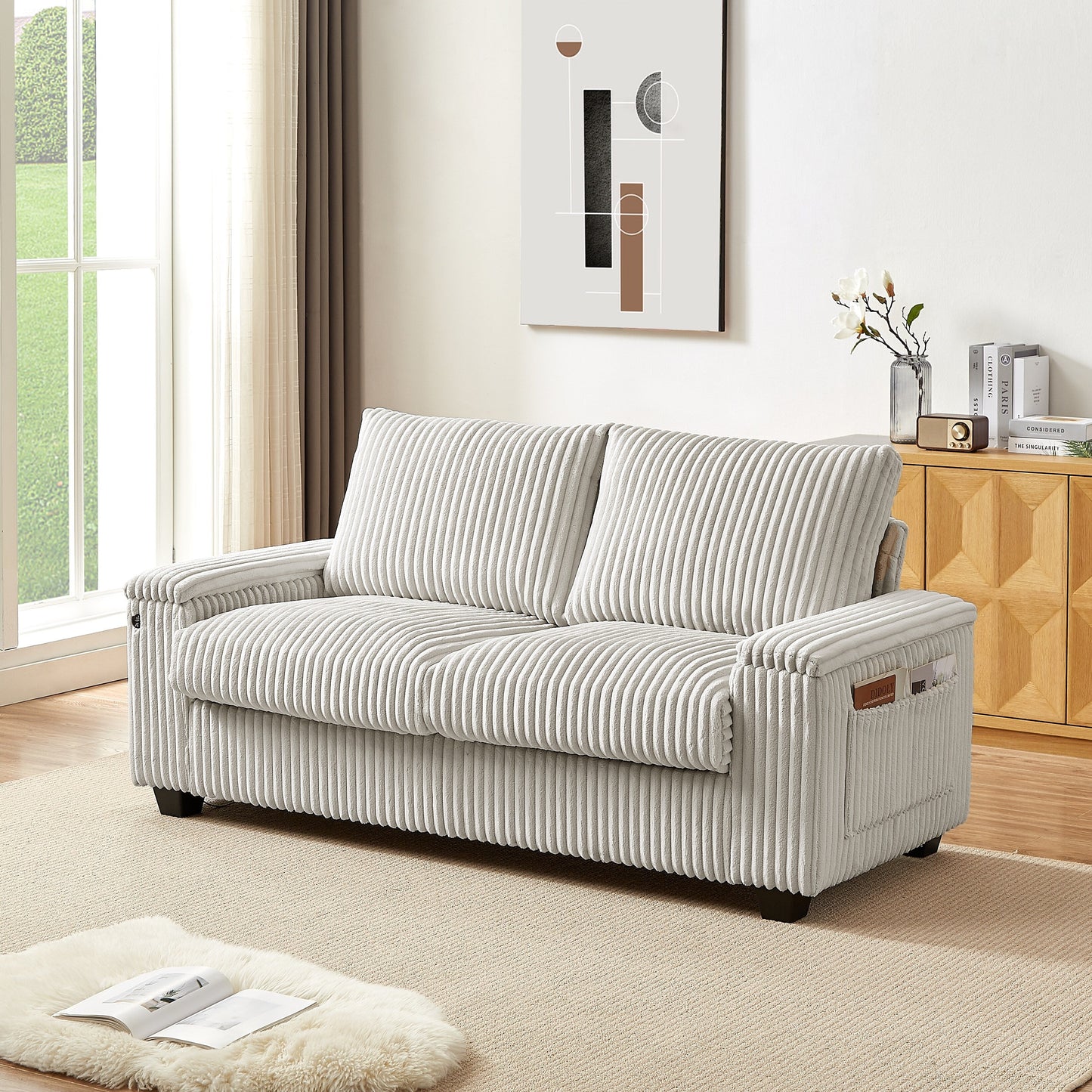 Fabric Loveseat Sofa with Storage Armrest and USB