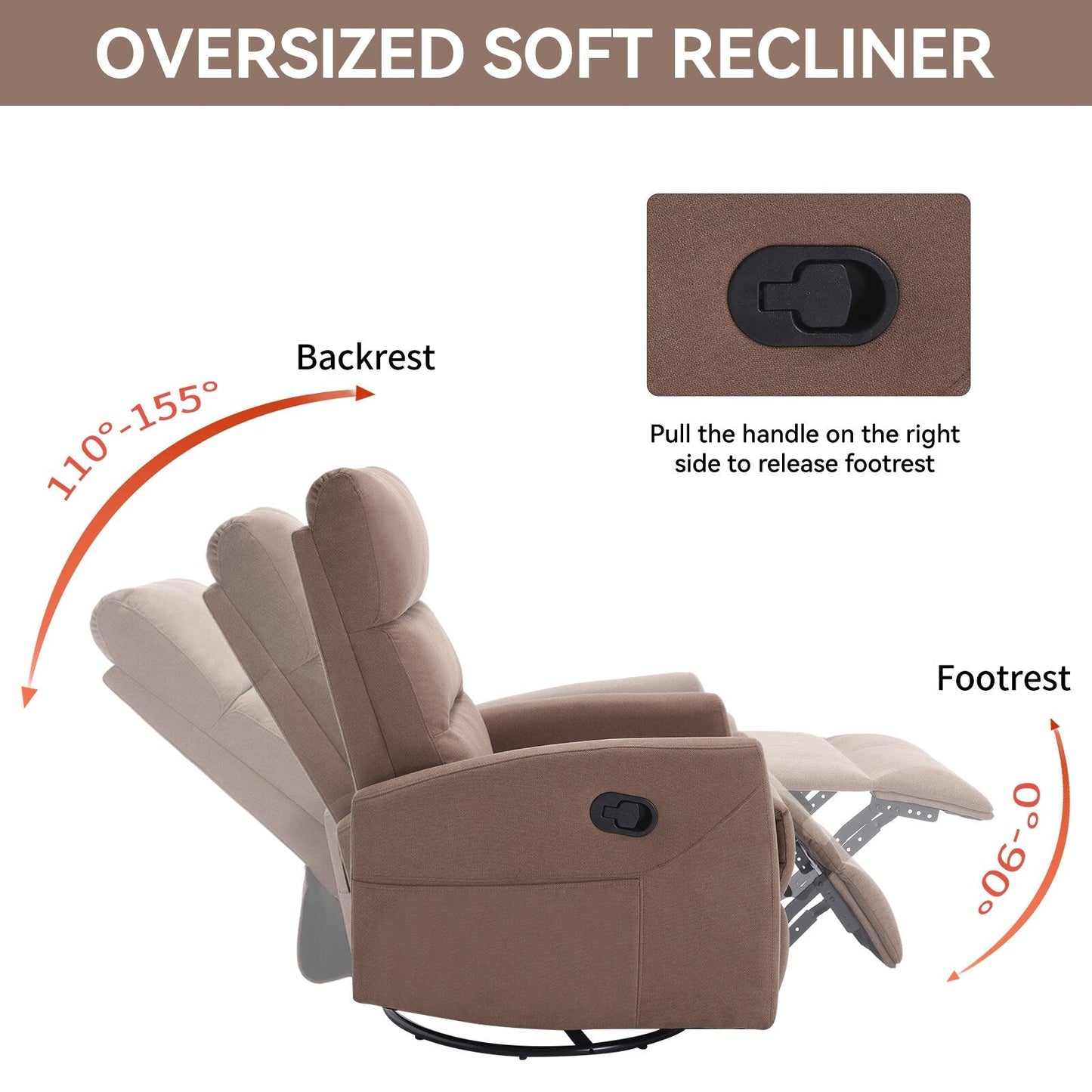Fabric Manual Recliner Chair 360° Swivel Chair with Rocker and Footrest, Armchair with Adjustable Backrest Pedals