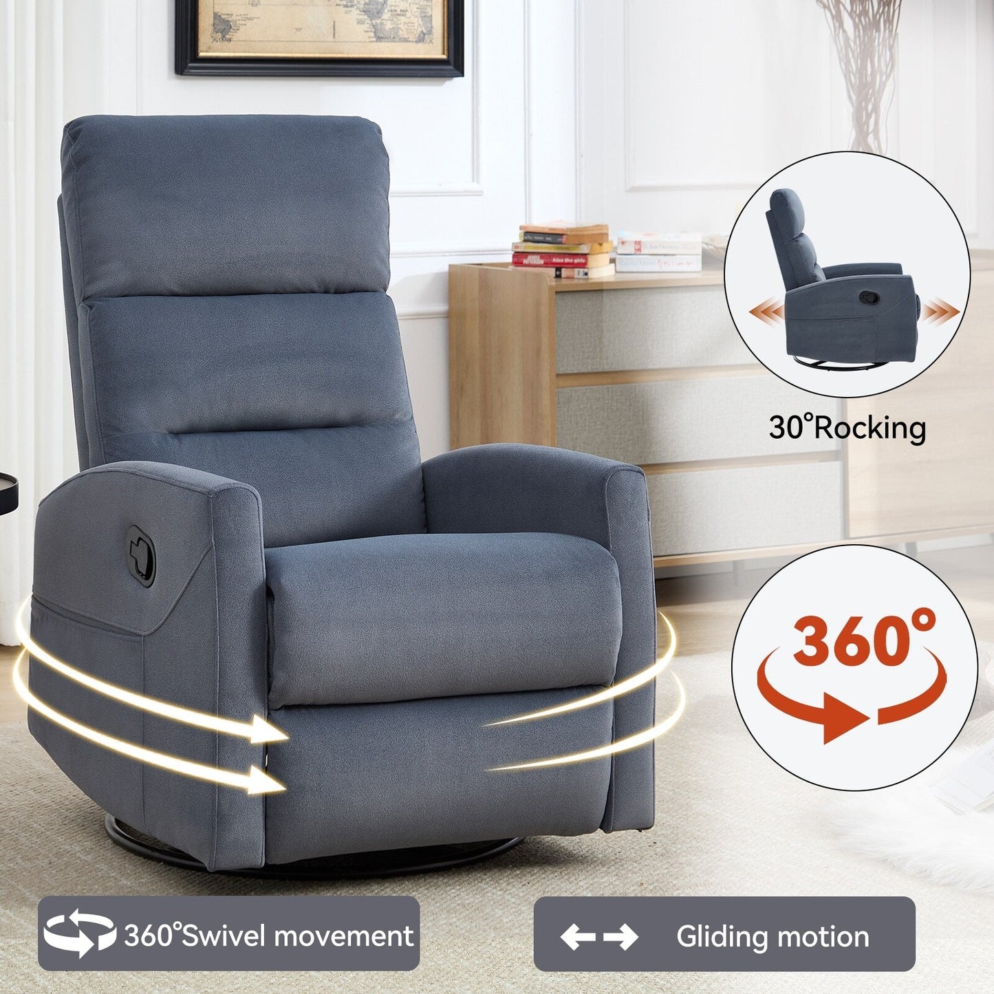 Fabric Manual Recliner Chair 360° Swivel Chair with Rocker and Footrest, Armchair with Adjustable Backrest Pedals