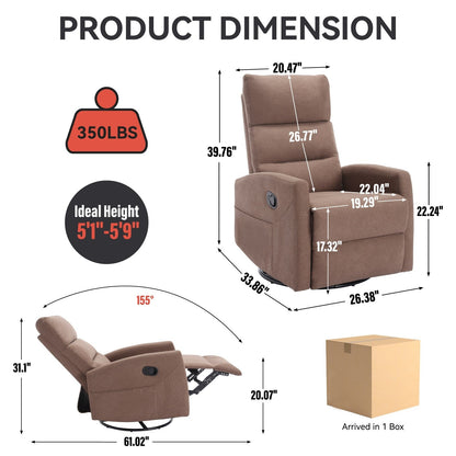 Fabric Manual Recliner Chair 360° Swivel Chair with Rocker and Footrest, Armchair with Adjustable Backrest Pedals