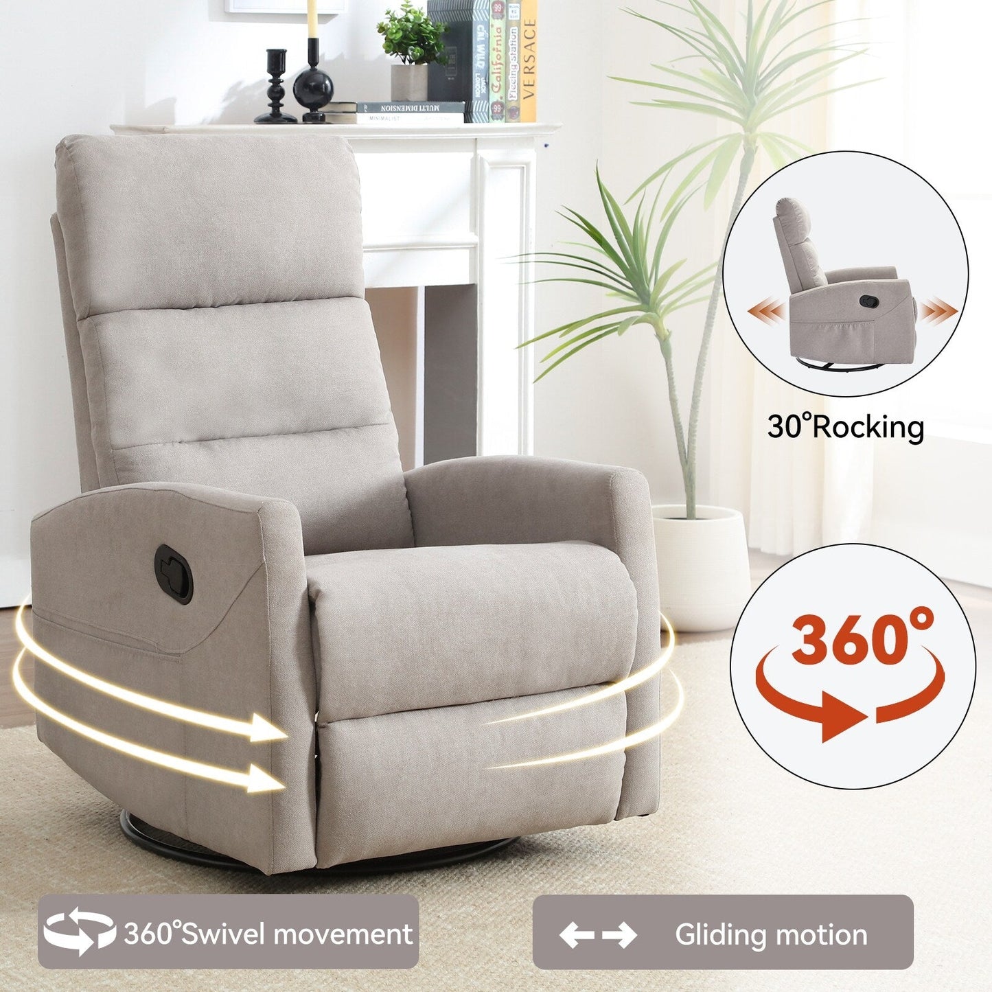 Fabric Manual Recliner Chair 360° Swivel Chair with Rocker and Footrest, Armchair with Adjustable Backrest Pedals
