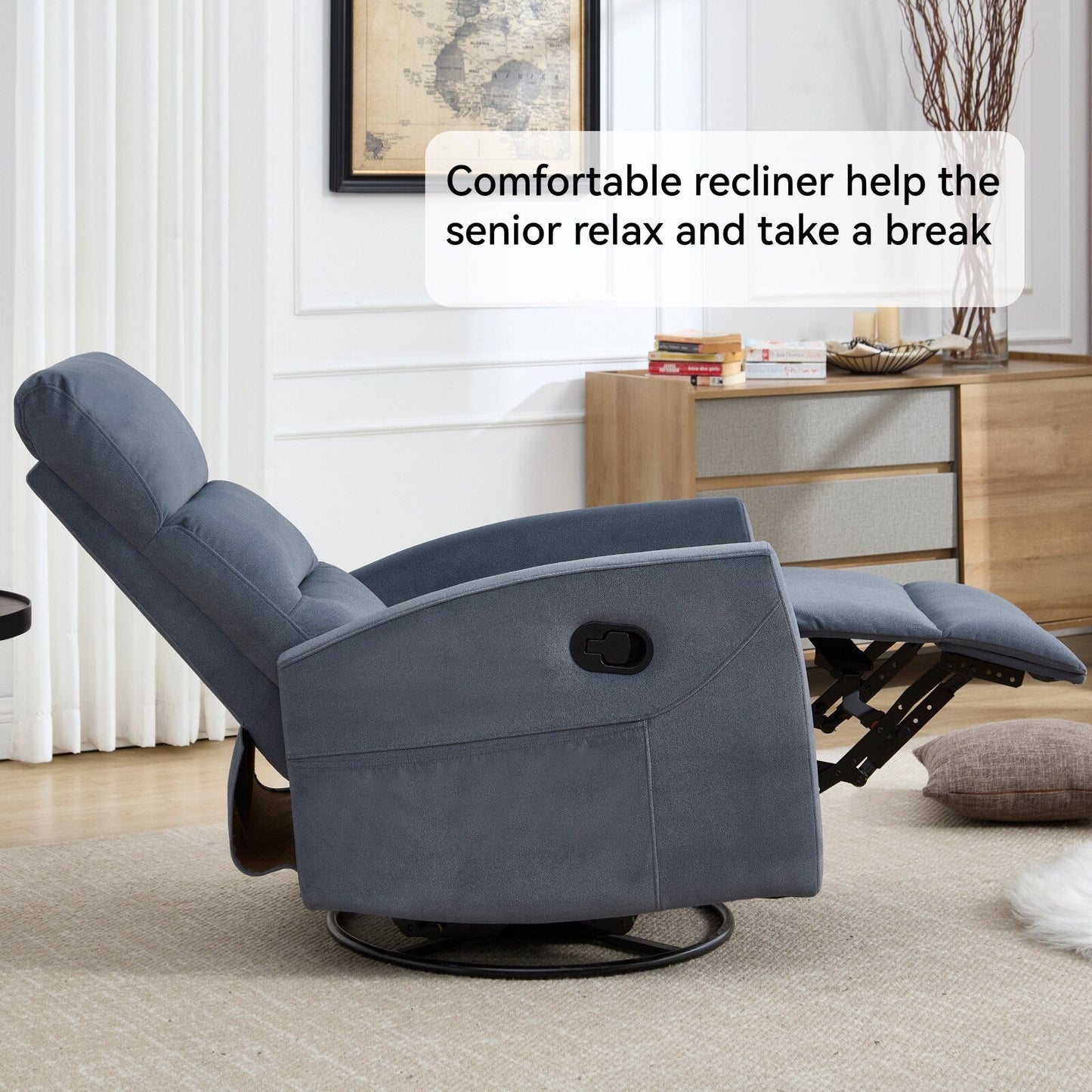 Fabric Manual Recliner Chair 360° Swivel Chair with Rocker and Footrest, Armchair with Adjustable Backrest Pedals