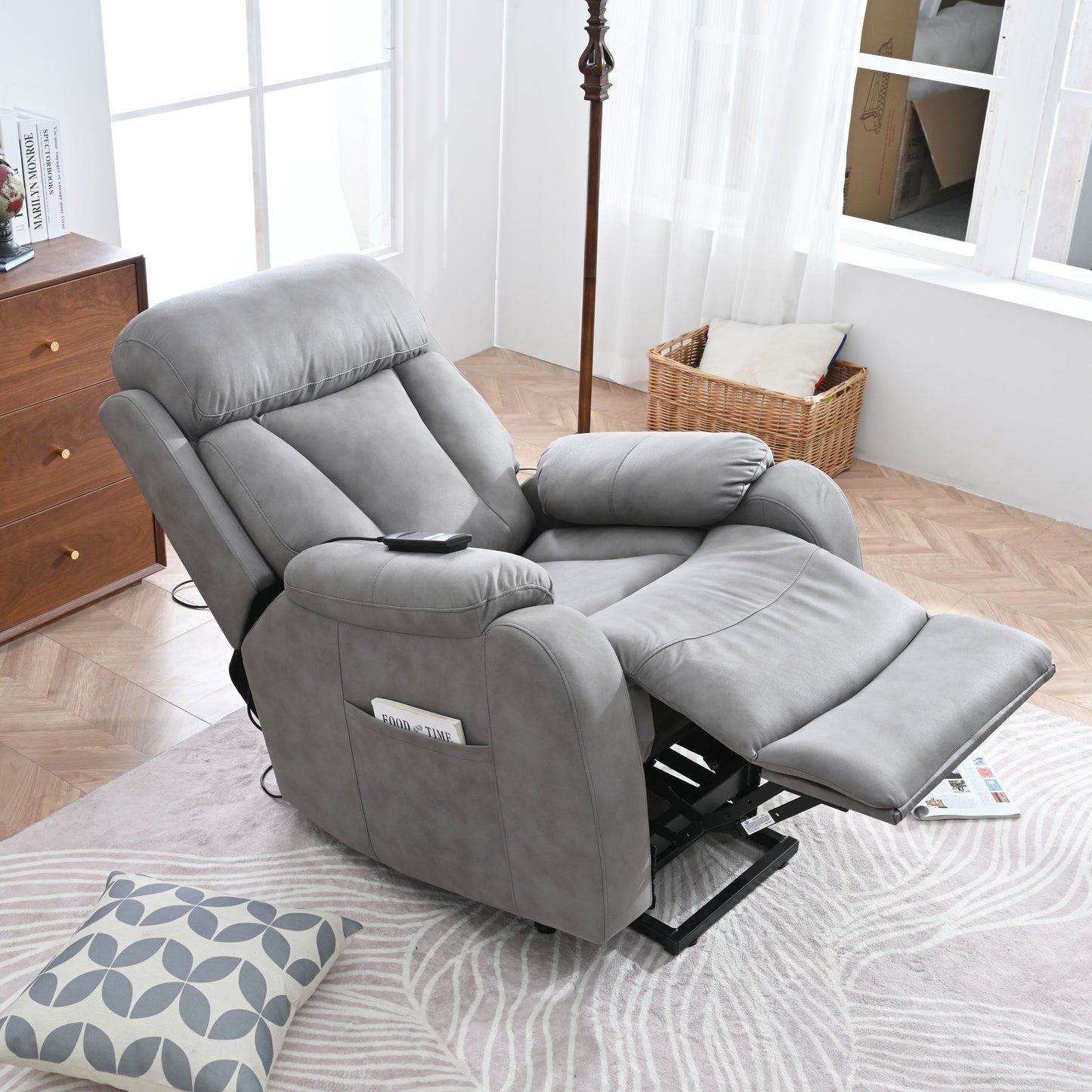 Fabric Power Lift Recliner with Remote, Overstuffed Cushions, Side Storage Pocket, and Durable Heavy-Duty Frame for Seniors