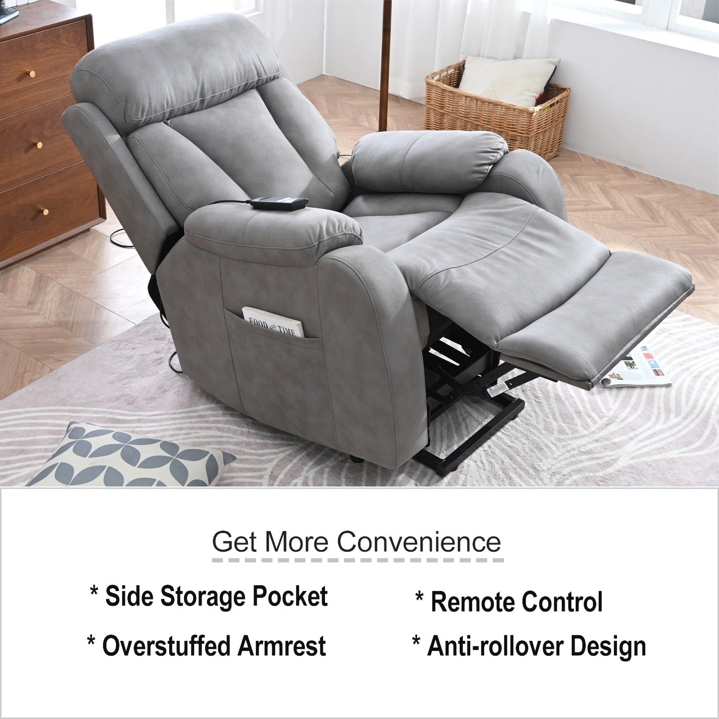Fabric Power Lift Recliner with Remote, Overstuffed Cushions, Side Storage Pocket, and Durable Heavy-Duty Frame for Seniors