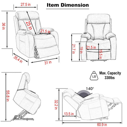 Fabric Power Lift Recliner with Remote, Overstuffed Cushions, Side Storage Pocket, and Durable Heavy-Duty Frame for Seniors