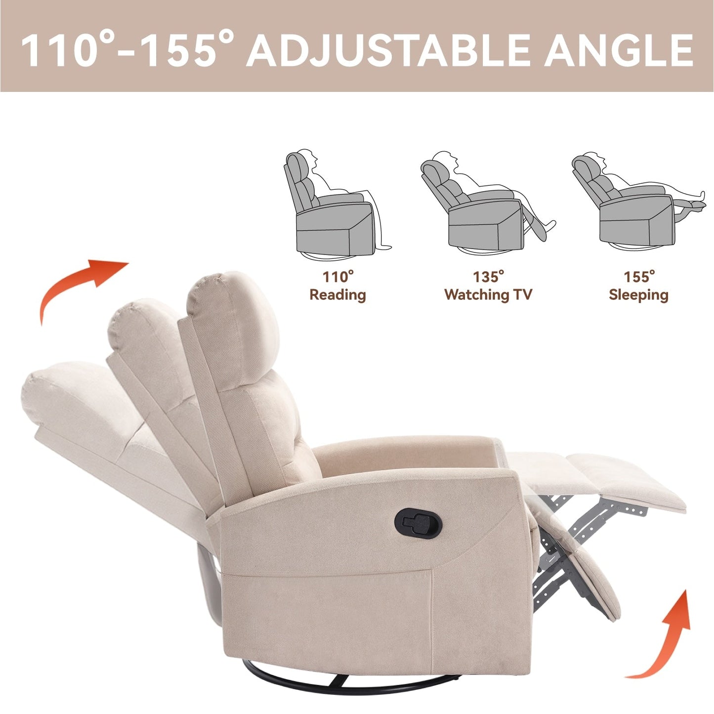 Fabric Rocker Recliner Chair with 360° Swivel Base, Manual Reclining Armchair with Side Lever, Comfortable Lounge Chair