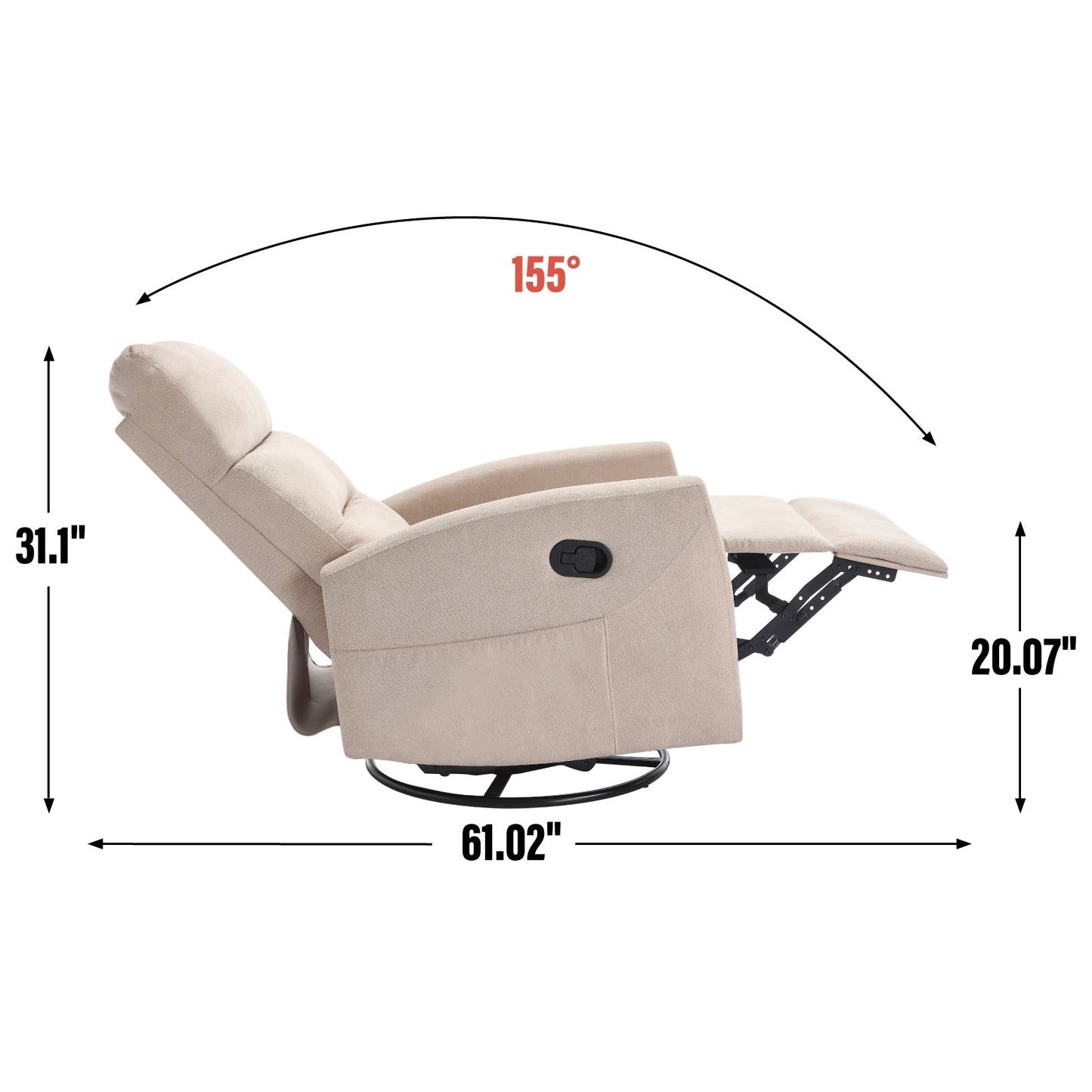 Fabric Rocker Recliner Chair with 360° Swivel Base, Manual Reclining Armchair with Side Lever, Comfortable Lounge Chair