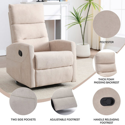 Fabric Rocker Recliner Chair with 360° Swivel Base, Manual Reclining Armchair with Side Lever, Comfortable Lounge Chair