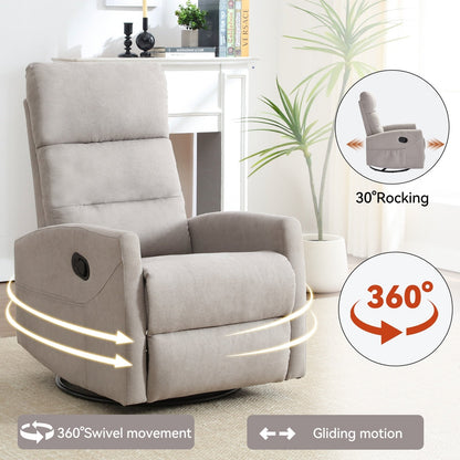 Fabric Rocker Recliner Chair with 360° Swivel Base, Manual Reclining Armchair with Side Lever, Comfortable Lounge Chair