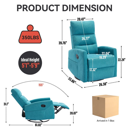 Fabric Rocker Recliner Chair with 360° Swivel Base, Manual Reclining Armchair with Side Lever, Comfortable Lounge Chair