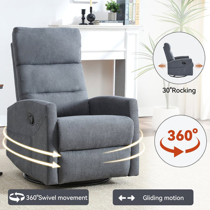 Fabric Rocker Recliner Chair with 360° Swivel Base, Manual Reclining Armchair with Side Lever, Comfortable Lounge Chair