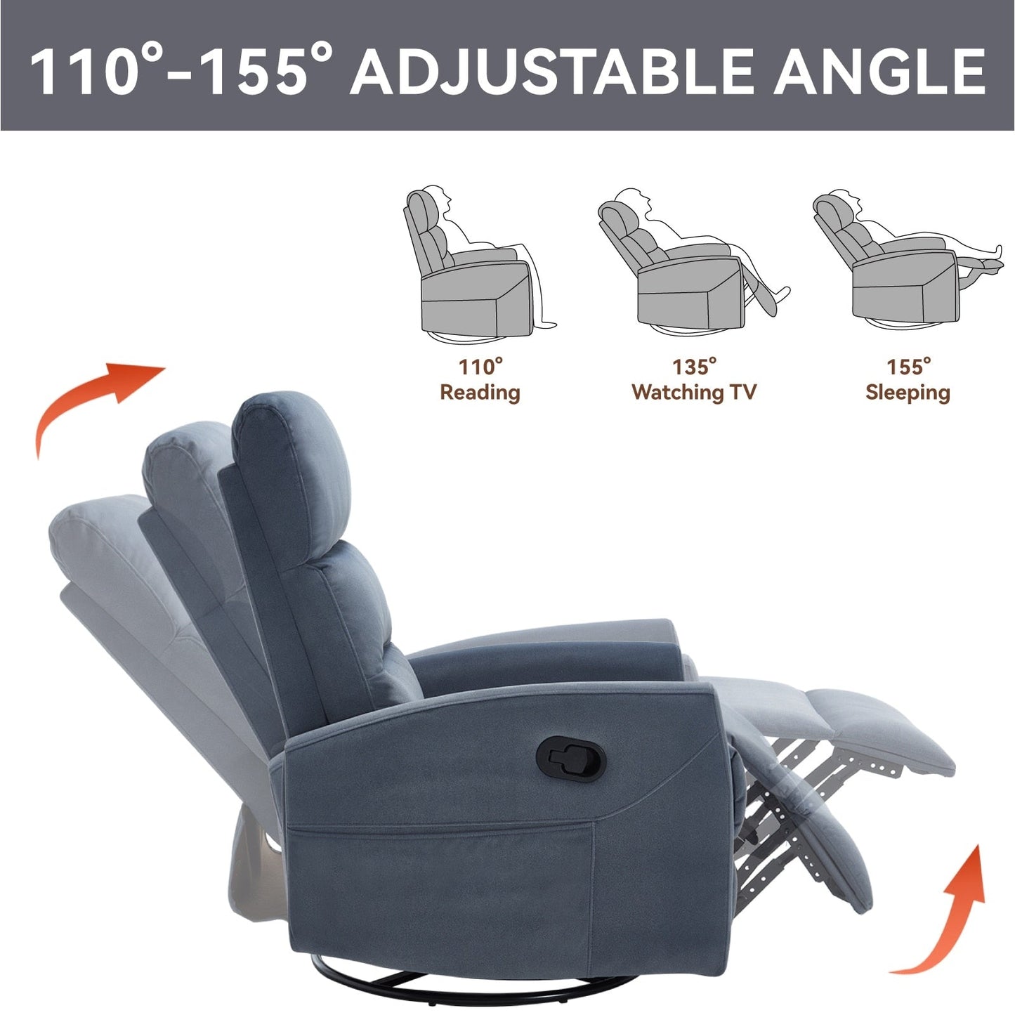 Fabric Rocker Recliner Chair with 360° Swivel Base, Manual Reclining Armchair with Side Lever, Comfortable Lounge Chair