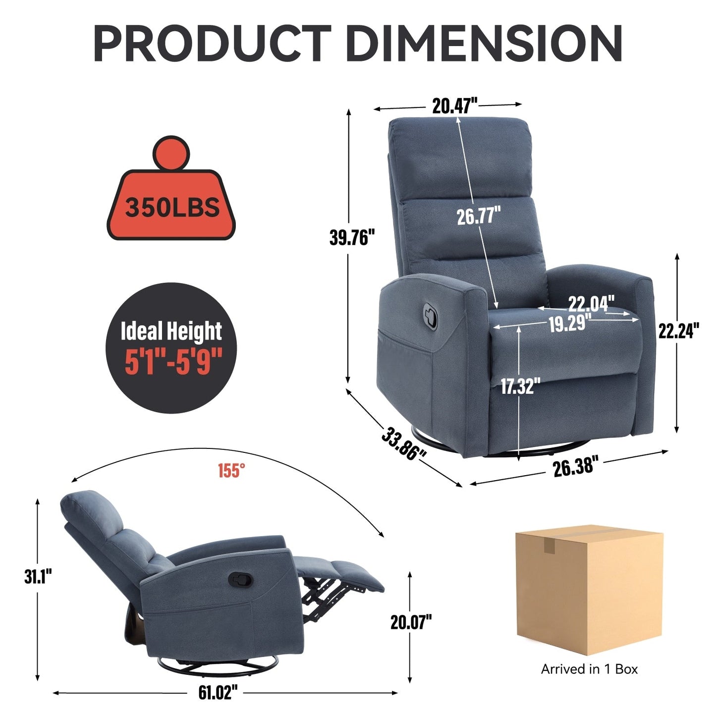 Fabric Rocker Recliner Chair with 360° Swivel Base, Manual Reclining Armchair with Side Lever, Comfortable Lounge Chair