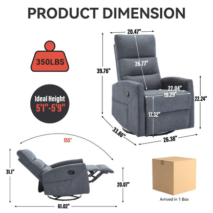 Fabric Rocker Recliner Chair with 360° Swivel Base, Manual Reclining Armchair with Side Lever, Comfortable Lounge Chair
