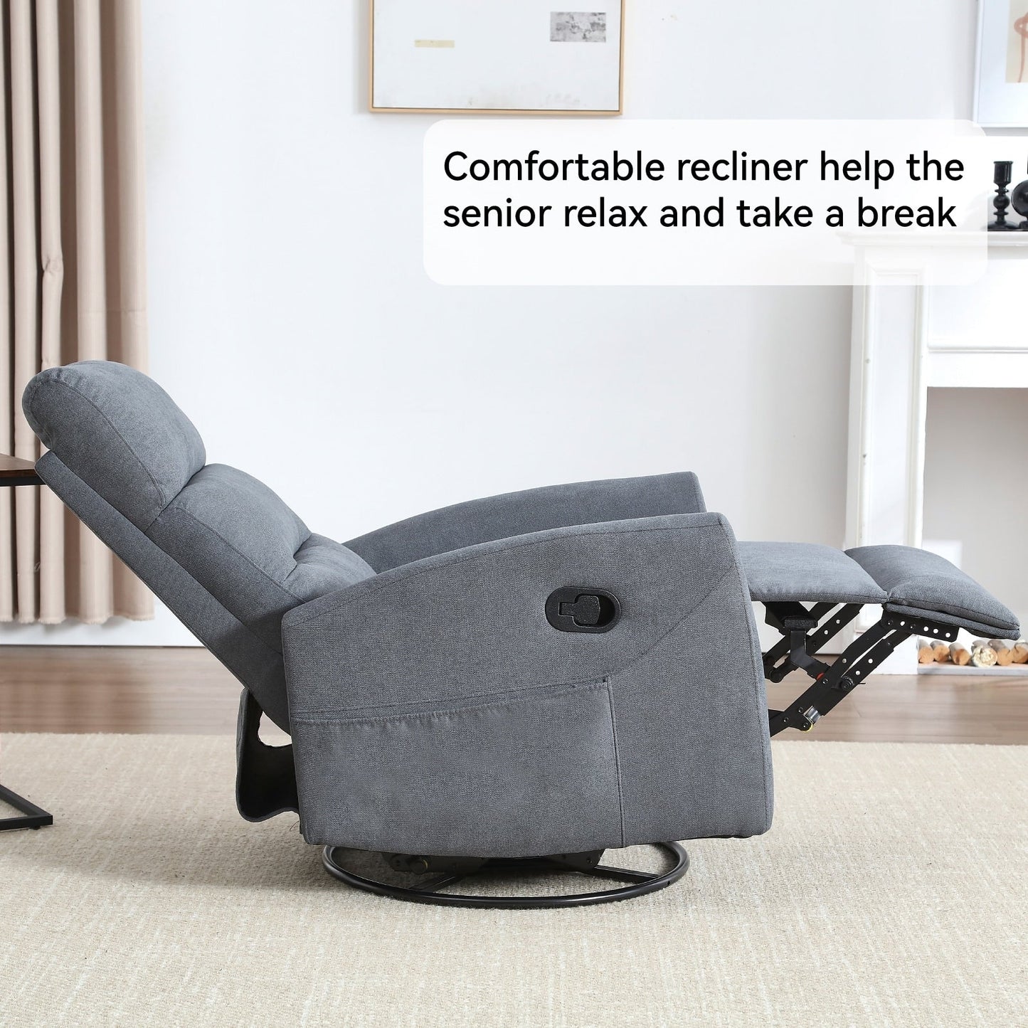 Fabric Rocker Recliner Chair with 360° Swivel Base, Manual Reclining Armchair with Side Lever, Comfortable Lounge Chair