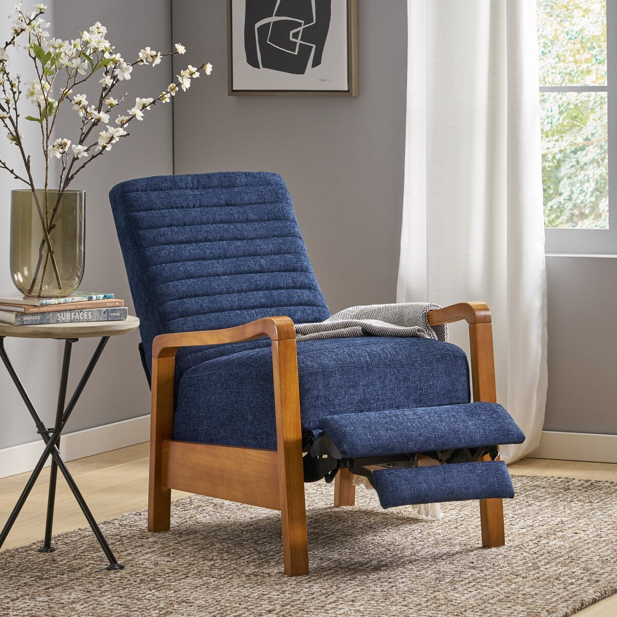 Fabric Wood Hand Manual Club Recliner Classic Overstuffed Single Recliner Sofa