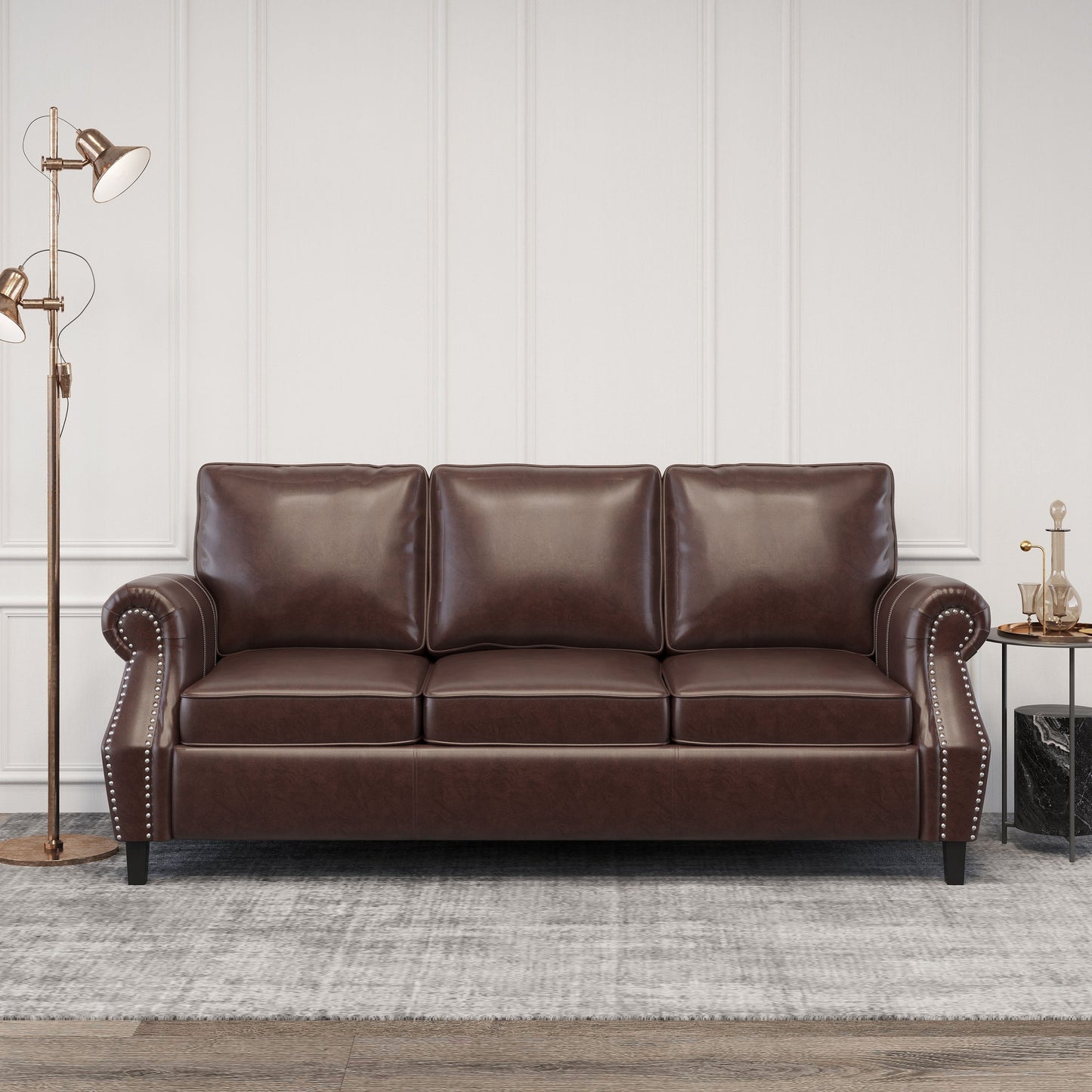 Faux Leather 3-seater Sofa with Birch Wood Legs and Nailheads