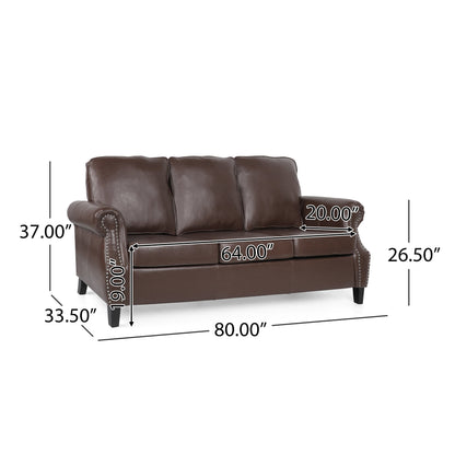 Faux Leather 3-seater Sofa with Birch Wood Legs and Nailheads