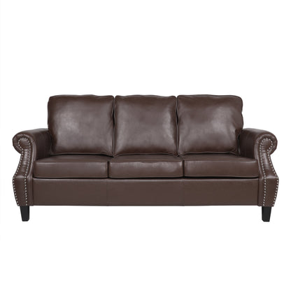 Faux Leather 3-seater Sofa with Birch Wood Legs and Nailheads