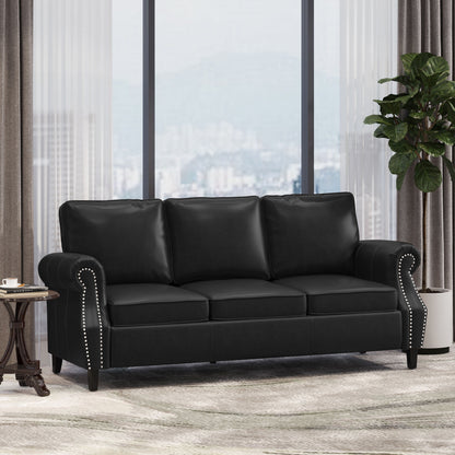 Faux Leather 3-seater Sofa with Birch Wood Legs and Nailheads