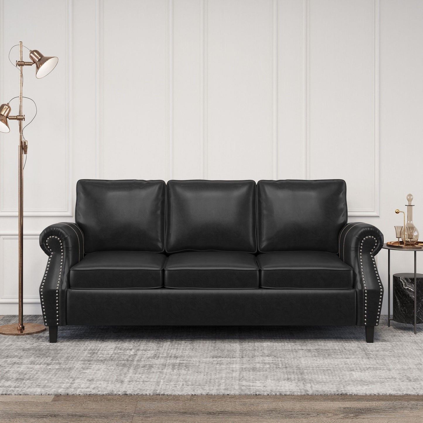 Faux Leather 3-seater Sofa with Birch Wood Legs and Nailheads