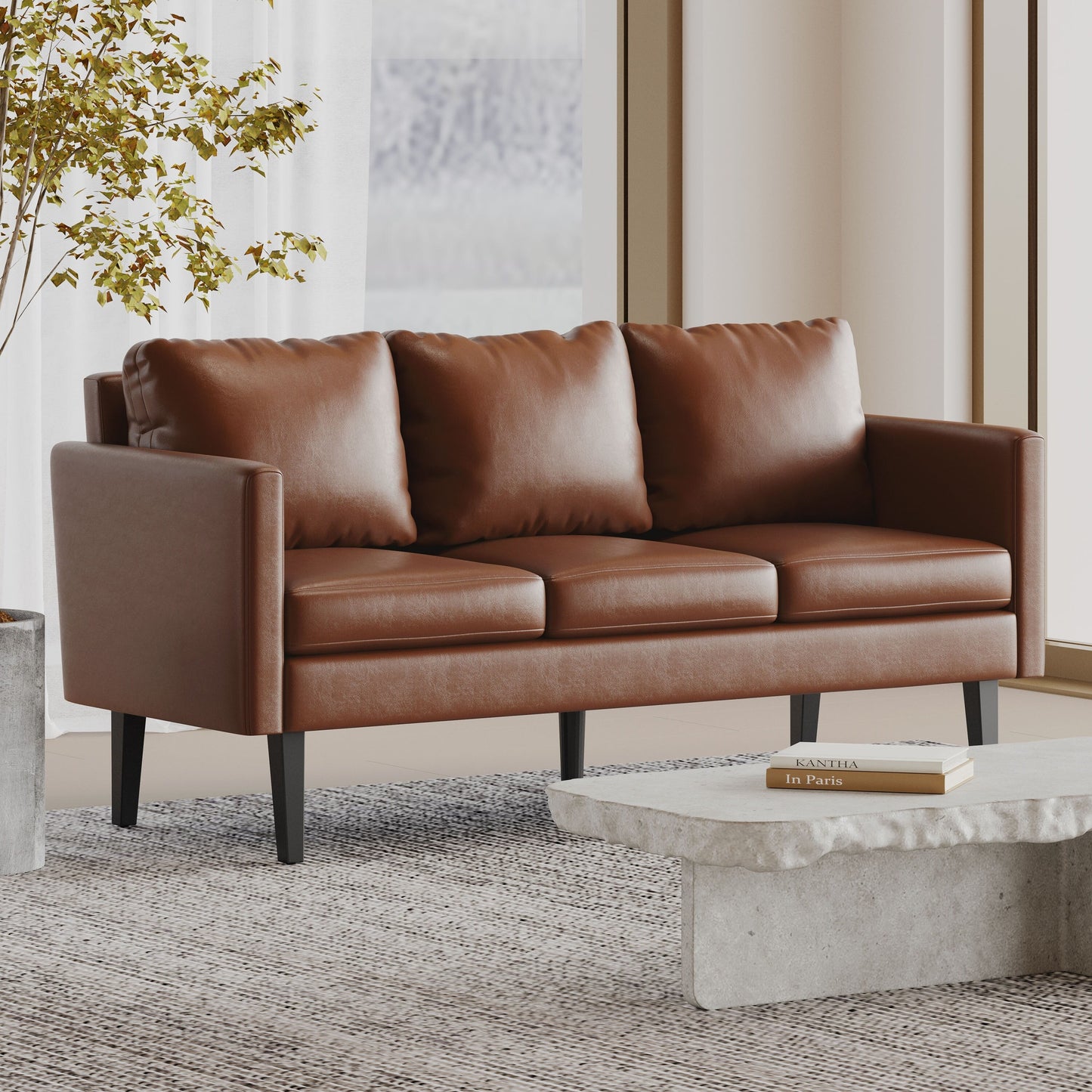 Faux Leather 3-seater Sofa with Birch Wood Legs