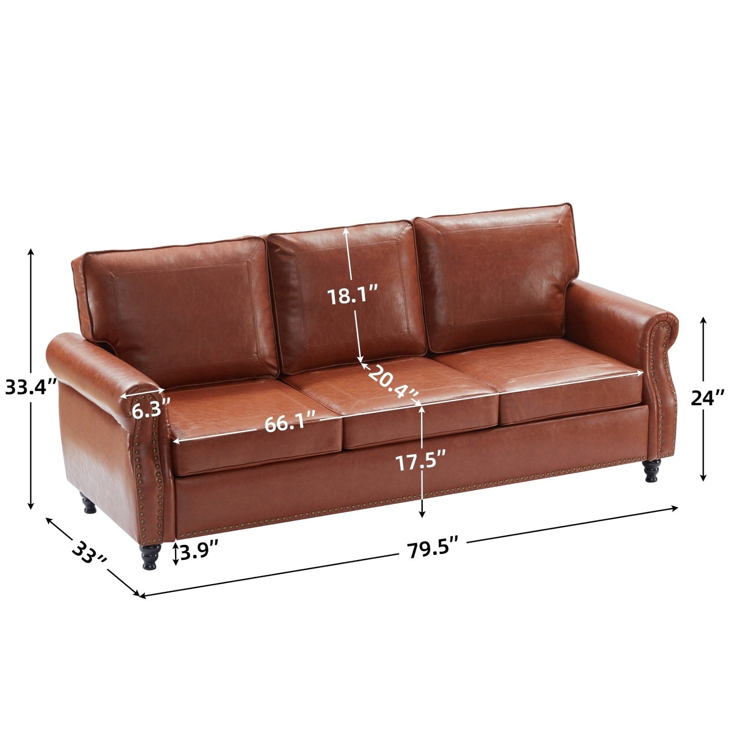 Faux Leather 3-seater Sofa with Rolled Arms and Nailhead