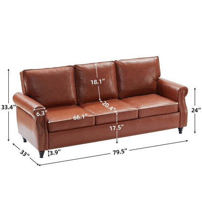 Faux Leather 3-seater Sofa with Rolled Arms and Nailhead
