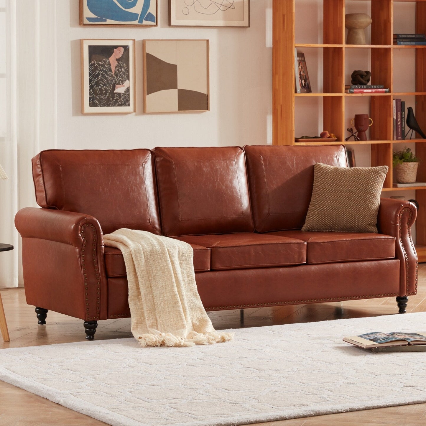Faux Leather 3-seater Sofa with Rolled Arms and Nailhead