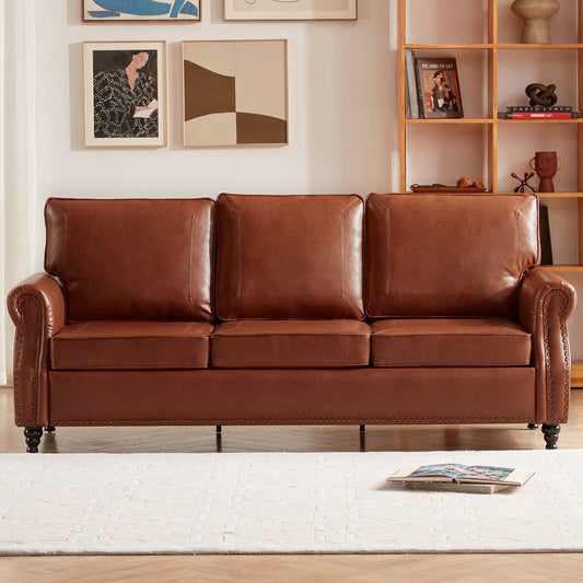 Faux Leather 3-seater Sofa with Rolled Arms and Nailhead