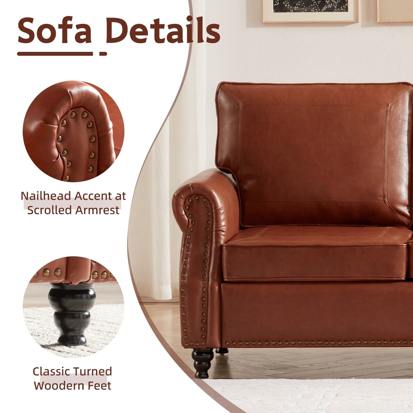 Faux Leather 3-seater Sofa with Rolled Arms and Nailhead