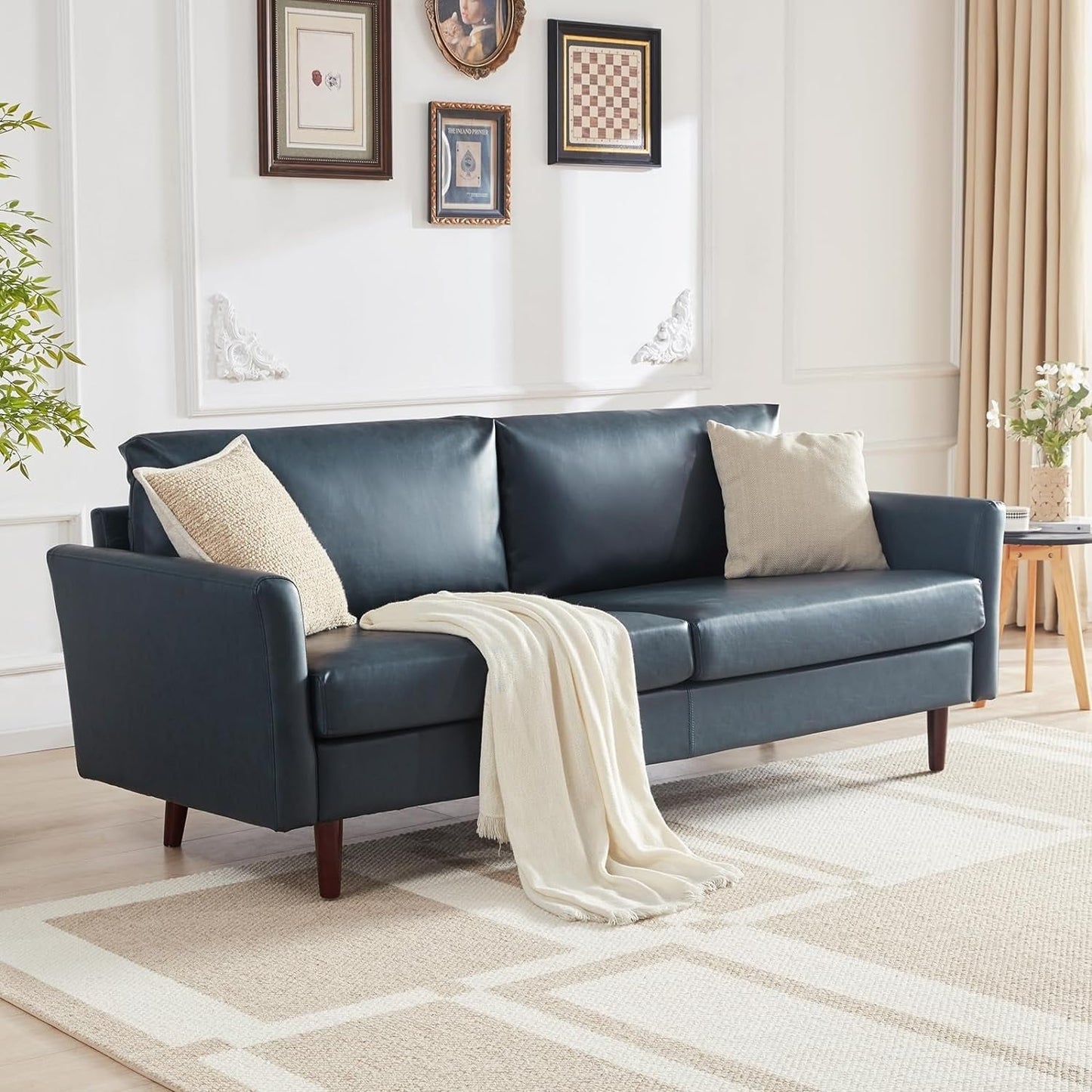 Faux Leather 3-seater Sofa with Wood Legs and Padded Cushions