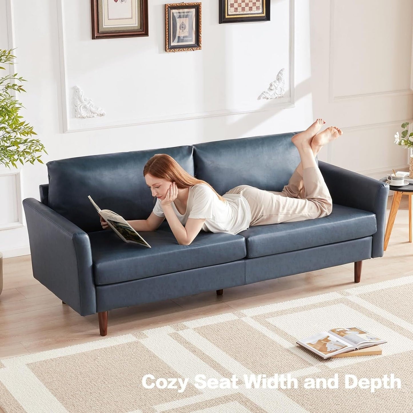 Faux Leather 3-seater Sofa with Wood Legs and Padded Cushions