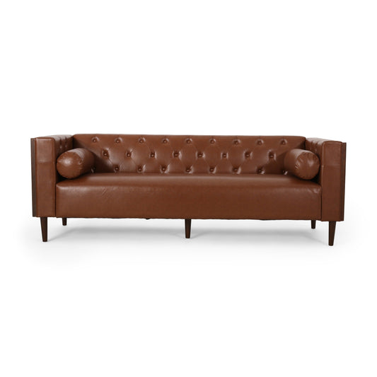 Faux Leather Button Tufted 3-seater Sofa with Birch Wood Legs