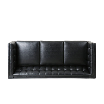 Faux Leather Button Tufted 3-seater Sofa with Birch Wood Legs