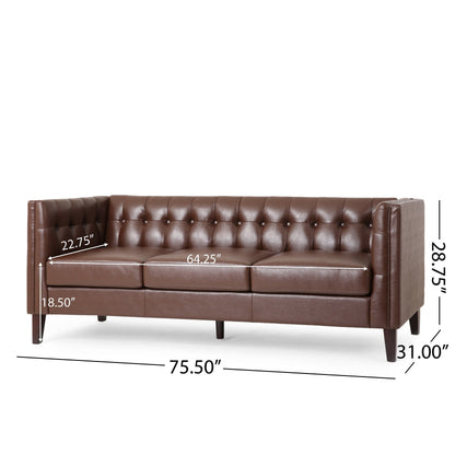 Faux Leather Button Tufted 3-seater Sofa with Birch Wood Legs