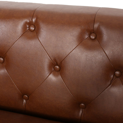 Faux Leather Button Tufted 3-seater Sofa with Birch Wood Legs