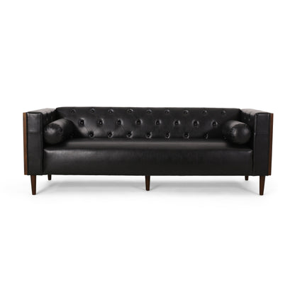 Faux Leather Button Tufted 3-seater Sofa with Birch Wood Legs