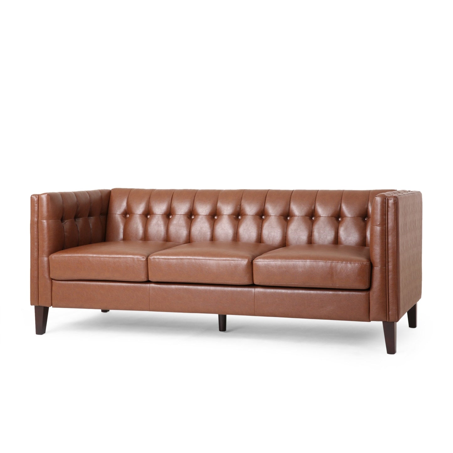 Faux Leather Button Tufted 3-seater Sofa with Birch Wood Legs