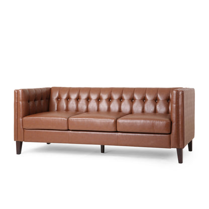 Faux Leather Button Tufted 3-seater Sofa with Birch Wood Legs