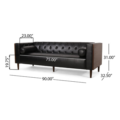 Faux Leather Button Tufted 3-seater Sofa with Birch Wood Legs