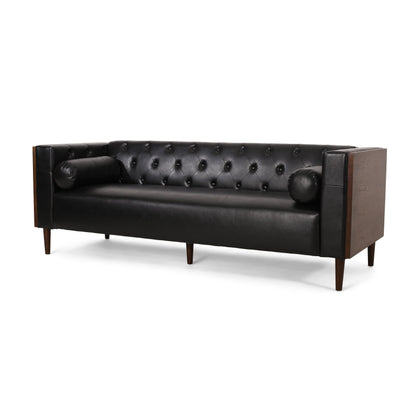 Faux Leather Button Tufted 3-seater Sofa with Birch Wood Legs