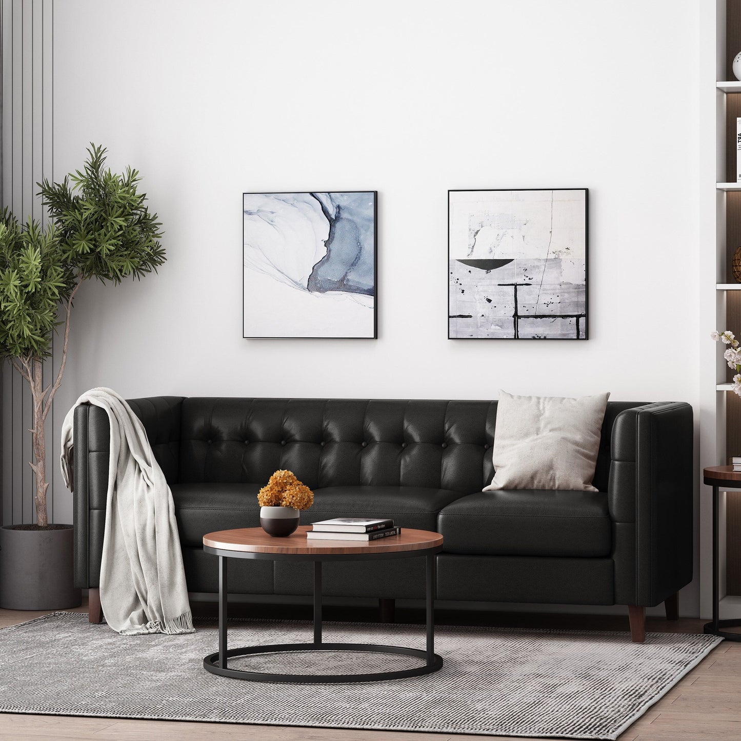 Faux Leather Button Tufted 3-seater Sofa with Birch Wood Legs