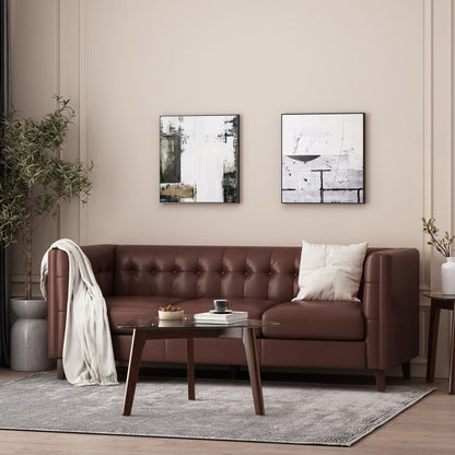 Faux Leather Button Tufted 3-seater Sofa with Birch Wood Legs