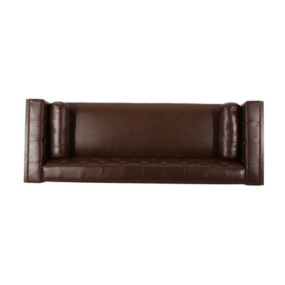 Faux Leather Button Tufted 3-seater Sofa with Birch Wood Legs