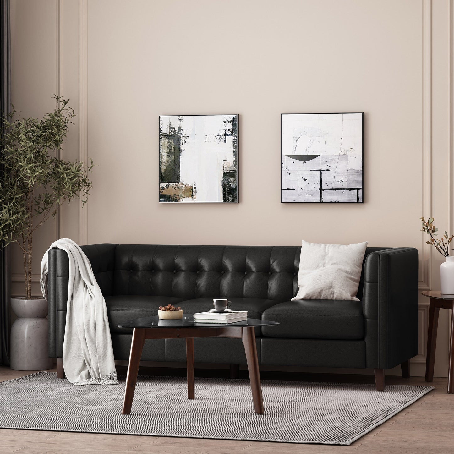 Faux Leather Button Tufted 3-seater Sofa with Birch Wood Legs