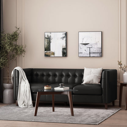 Faux Leather Button Tufted 3-seater Sofa with Birch Wood Legs
