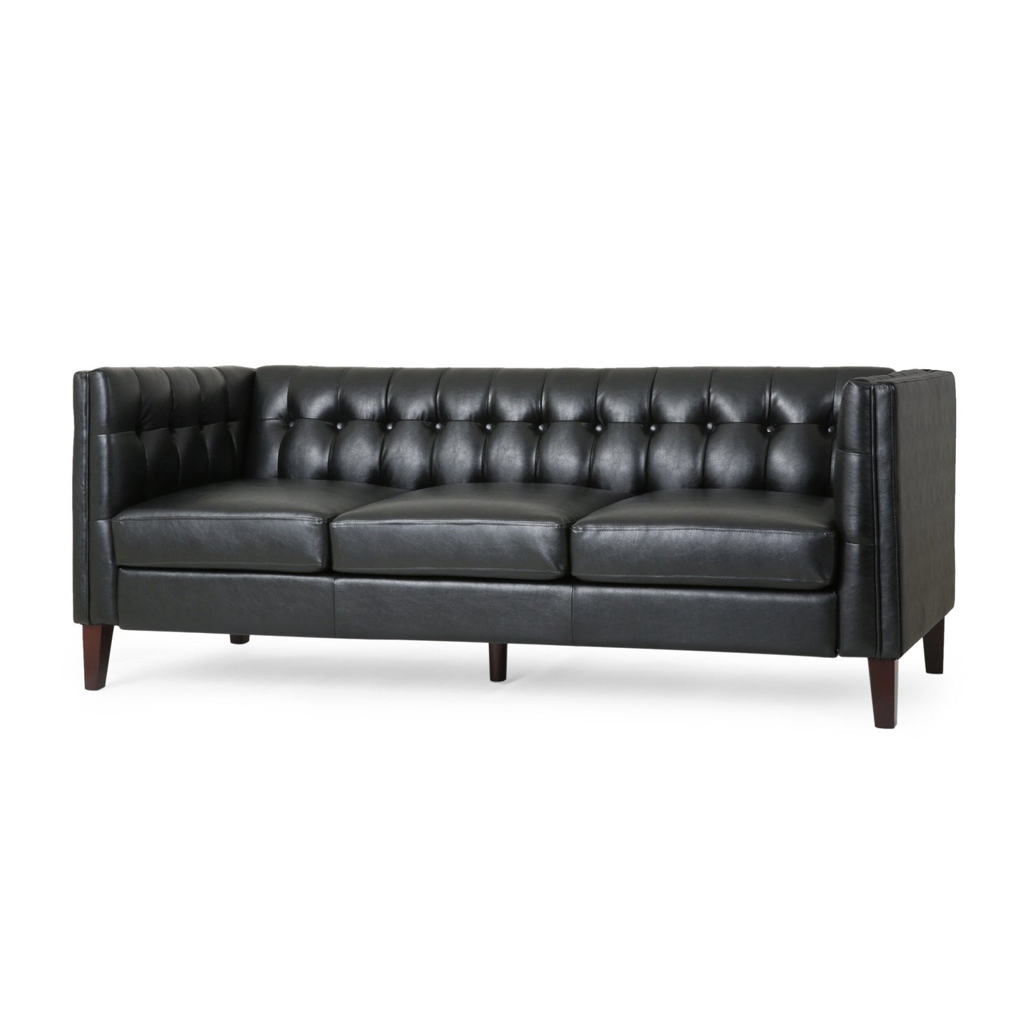 Faux Leather Button Tufted 3-seater Sofa with Birch Wood Legs