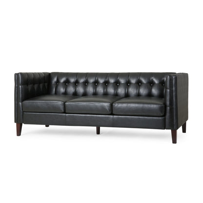 Faux Leather Button Tufted 3-seater Sofa with Birch Wood Legs