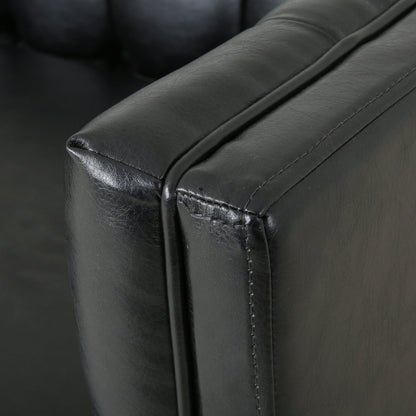 Faux Leather Button Tufted 3-seater Sofa with Birch Wood Legs